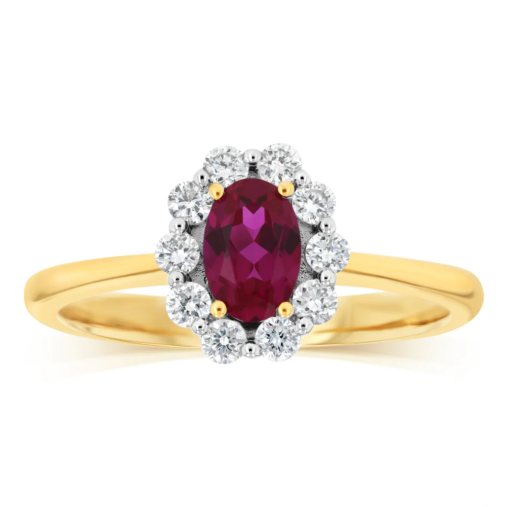 0.27 Carat Luminesce Lab Grown Diamond and Created Ruby Ring in 9ct Yellow Gold