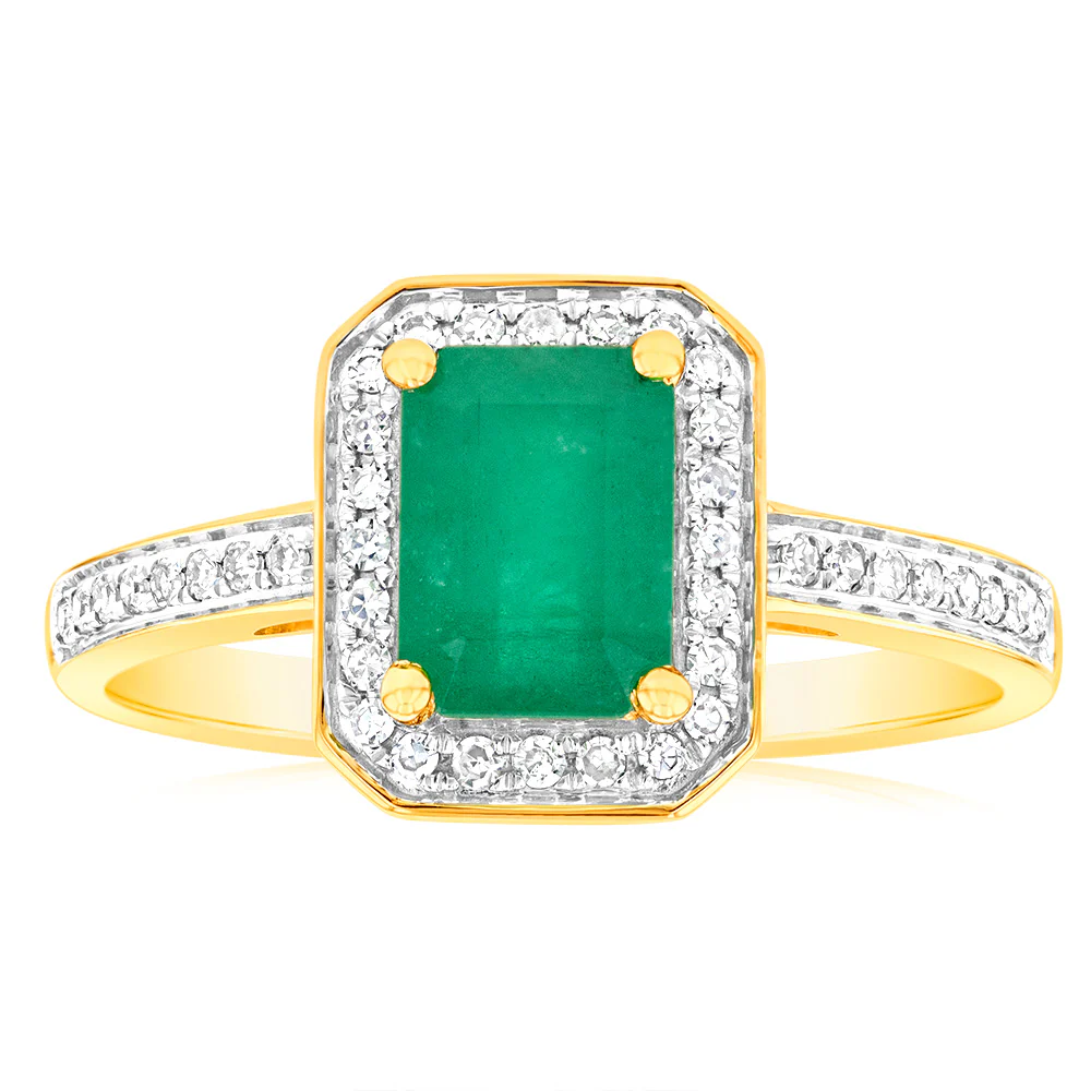 1ct Natural Emerald and 0.15 Carat Diamond Ring in 9ct Yellow Gold