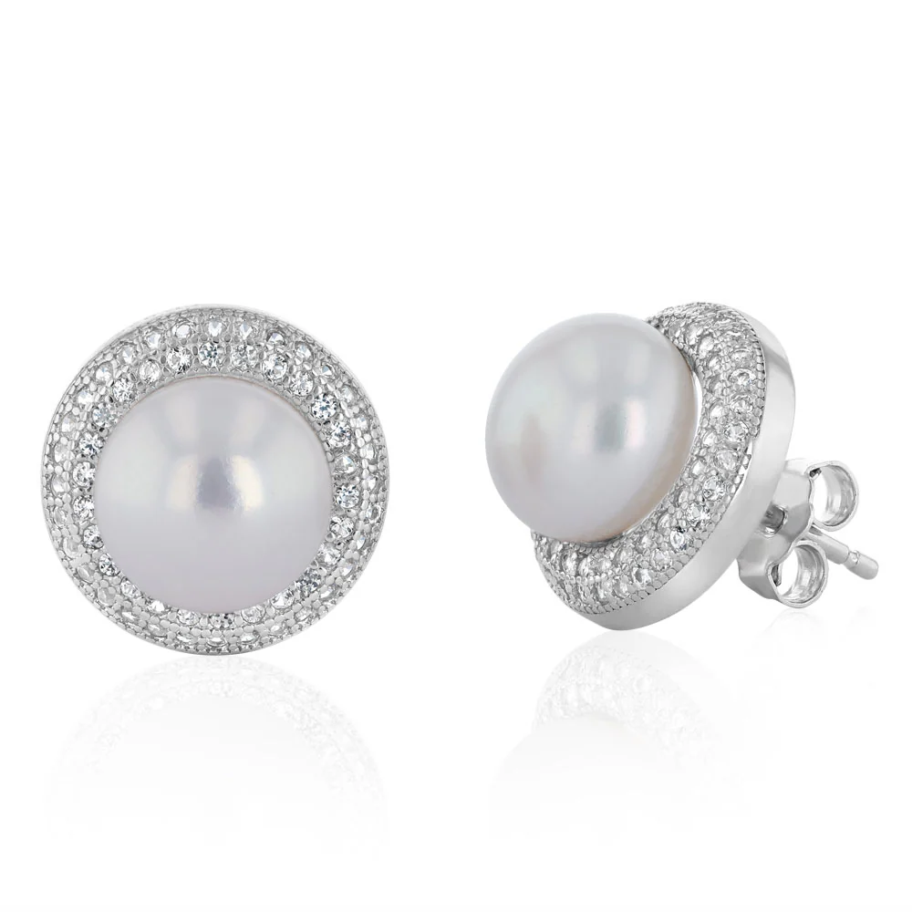 8-9mm White Freshwater Pearl and Created Sapphire Earrings in Sterling Silver