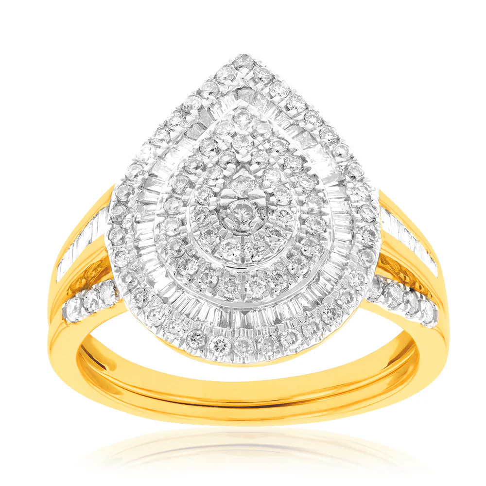 9ct Yellow Gold 1 Carat  Diamond Pear Shape Cluster 2-Ring Bridal Set