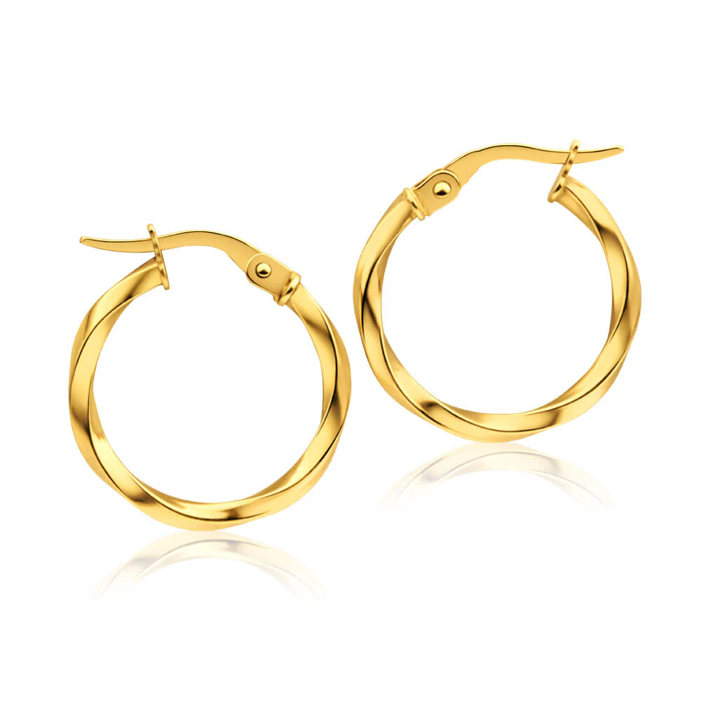 9ct Yellow Gold 15mm Twist Hoop Earrings
