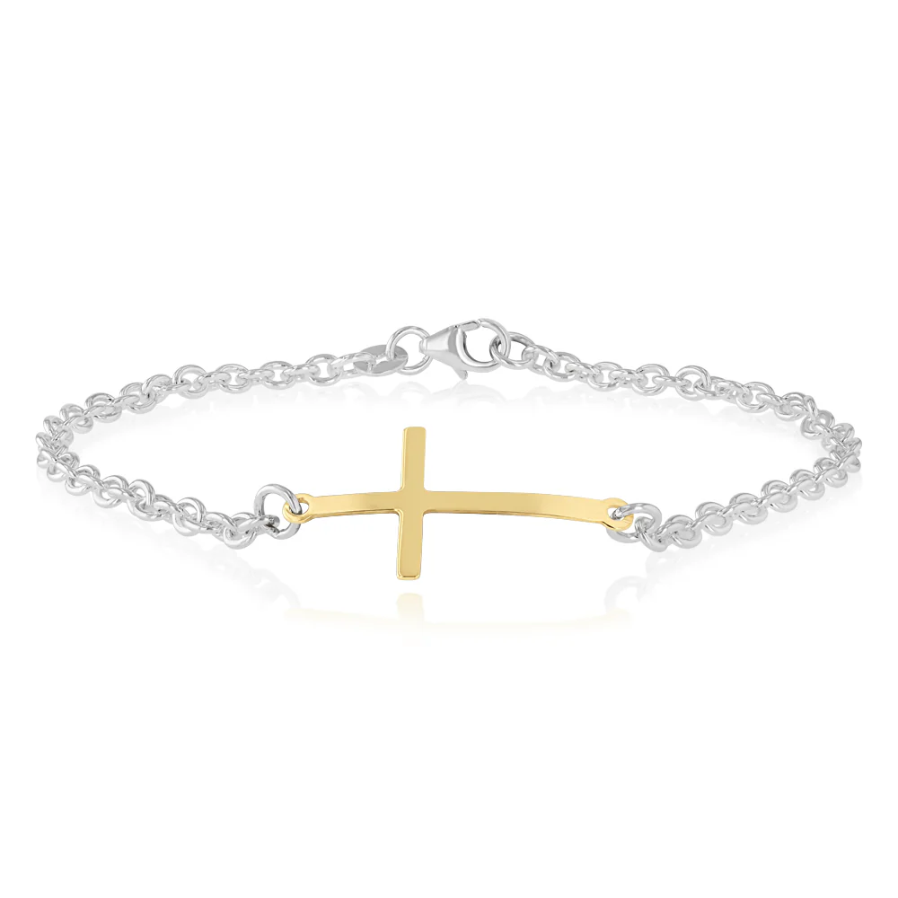 9ct Yellow Gold and Sterling Silver Cross 19cm Bracelet