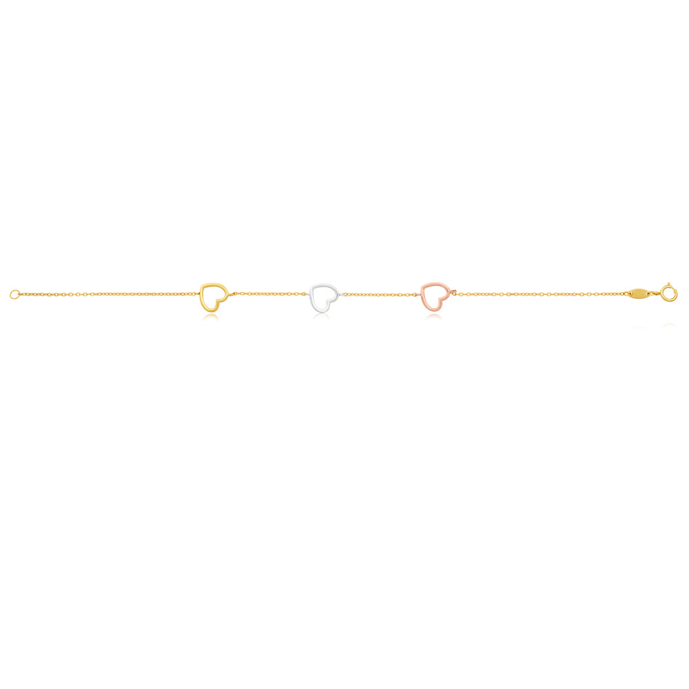 9ct Yellow Gold Bracelet 19cm with 3 Heart Charms