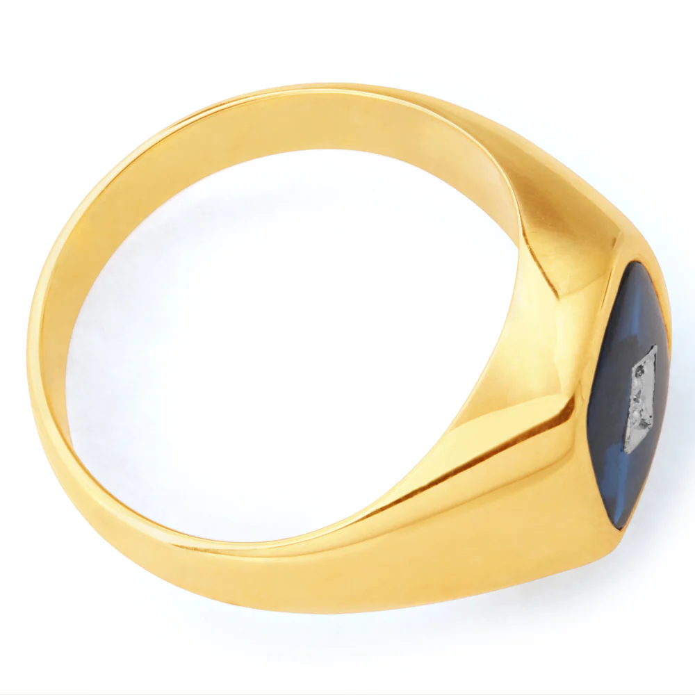 9ct Yellow Gold Created Blue Spinel & Diamond Gents Ring (No Resize) - Image 2