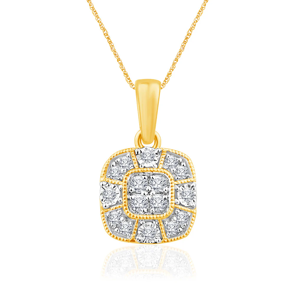 9ct Yellow Gold Cushion Shape Cluster Diamond Pendant on 45cm Chain