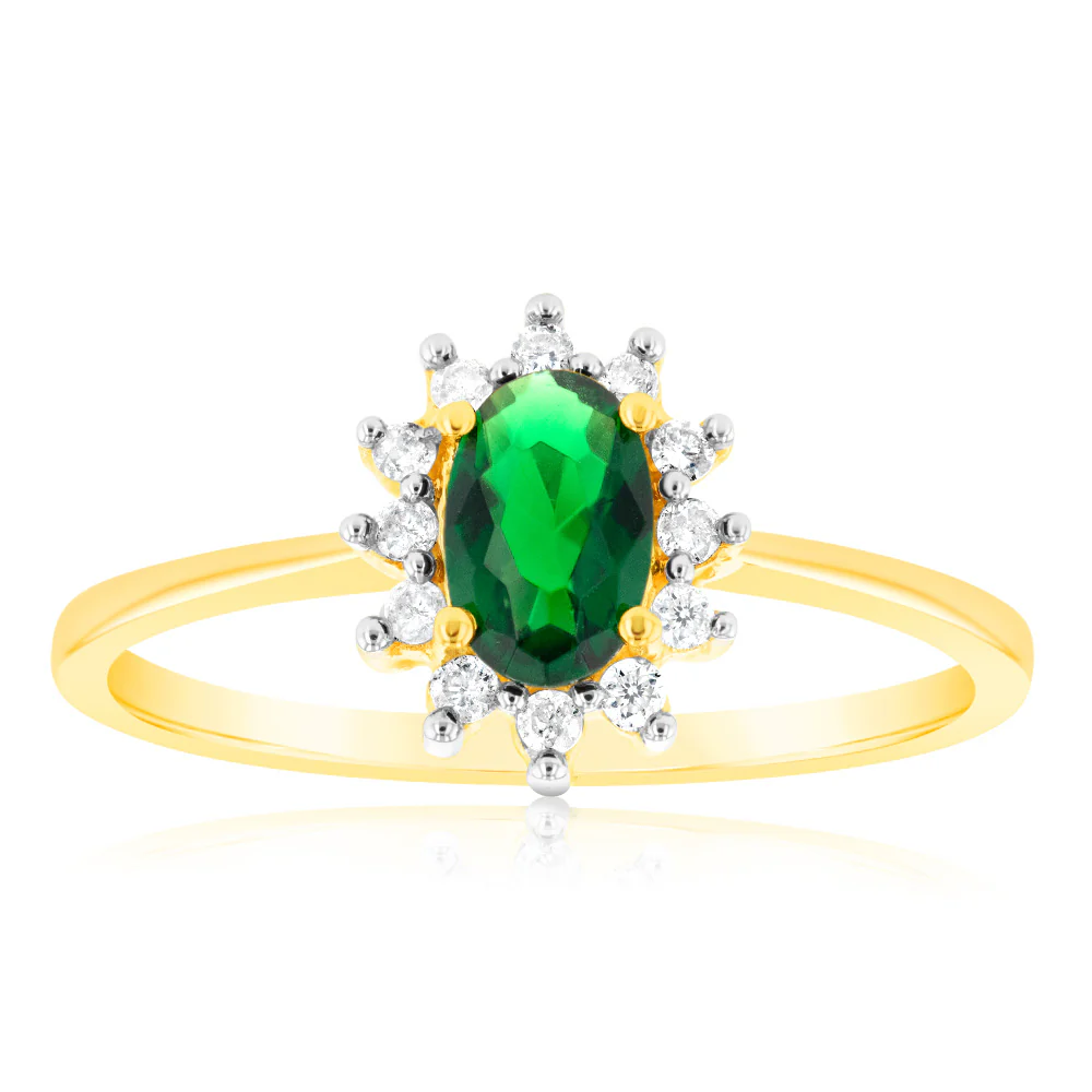 9ct Yellow Gold Diamond and Created Emerald Ring
