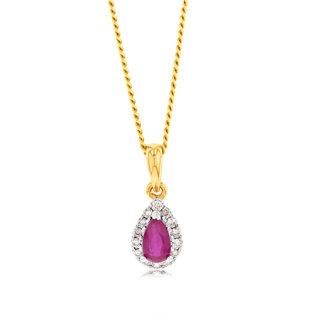 9ct Yellow Gold Diamond And Created Pear Ruby Pendant