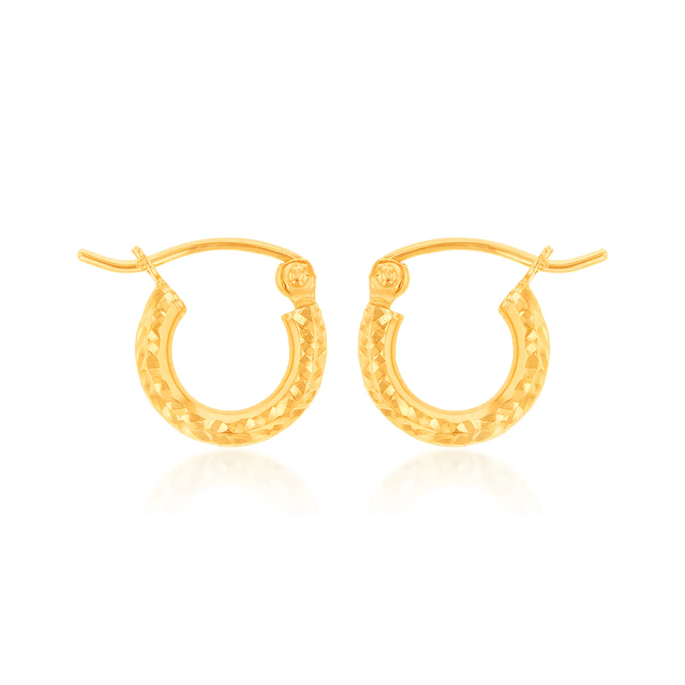 9ct Yellow Gold Diamond Cut 10mm Hoop Earrings