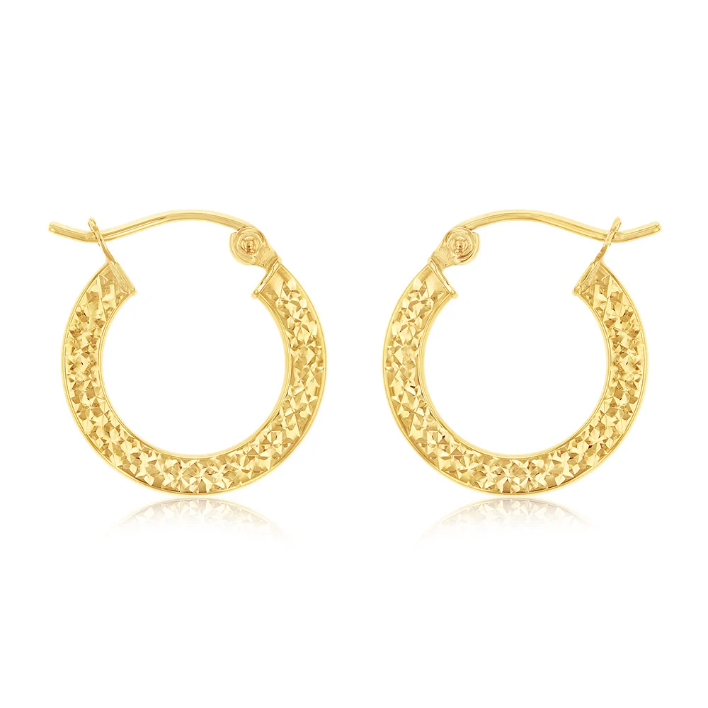 9ct Yellow Gold Diamond Cut Super Light 15mm Hoop Earring