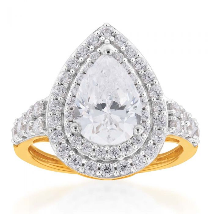 9ct Yellow Gold Double Halo Pear and Channel Zirconia Ring