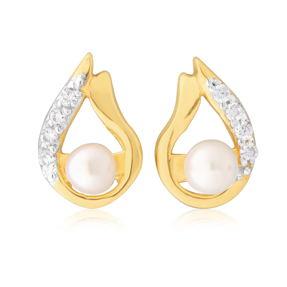 9ct Yellow Gold Freshwater Pearl 3.5-4mm & Zirconia Studs