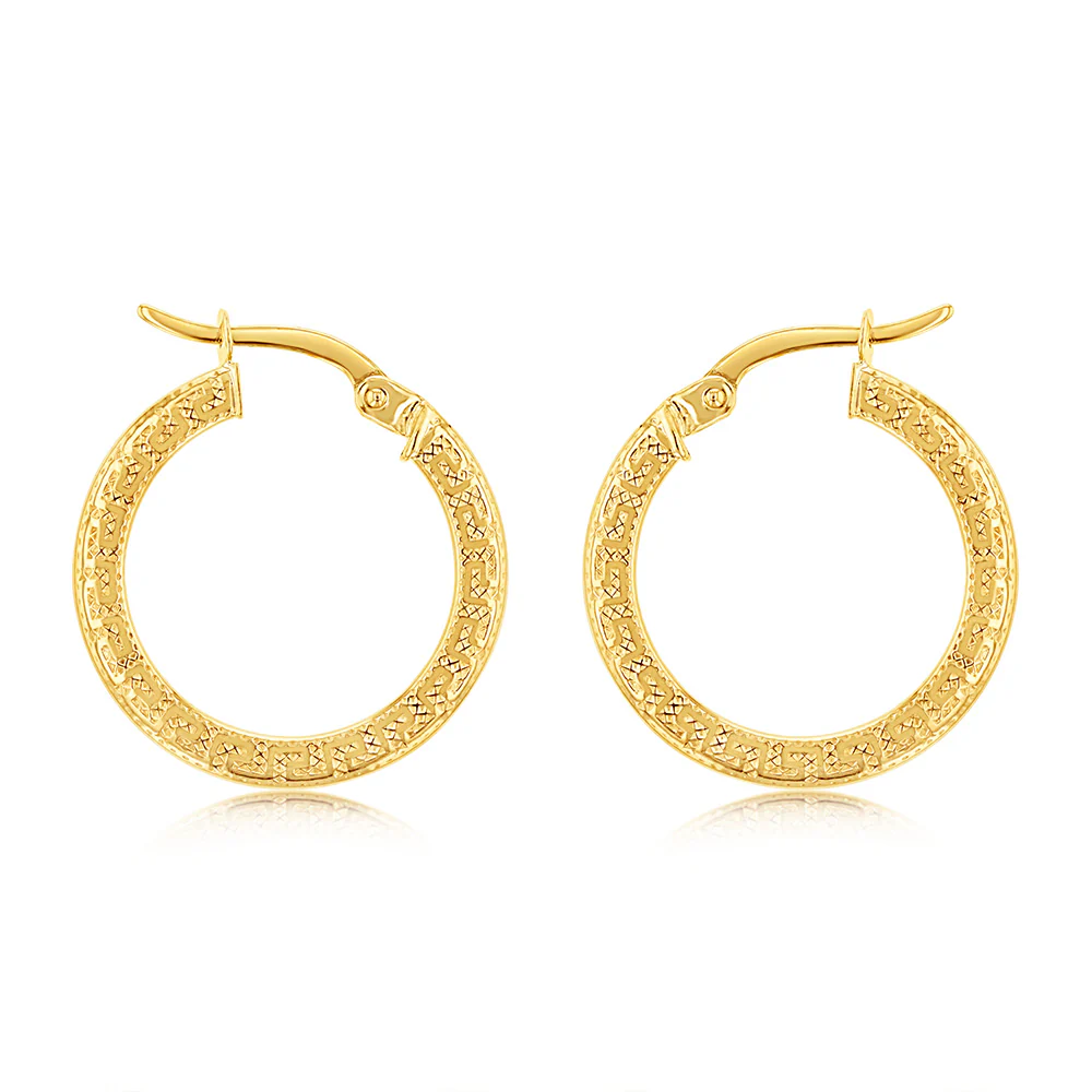 9ct Yellow Gold Greek Key 15mm Hoop Earrings