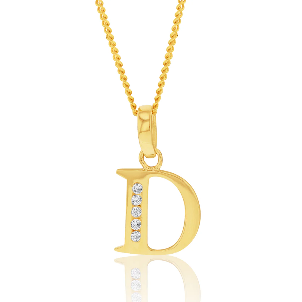 9ct Yellow Gold Inital D Zirconia Pendant