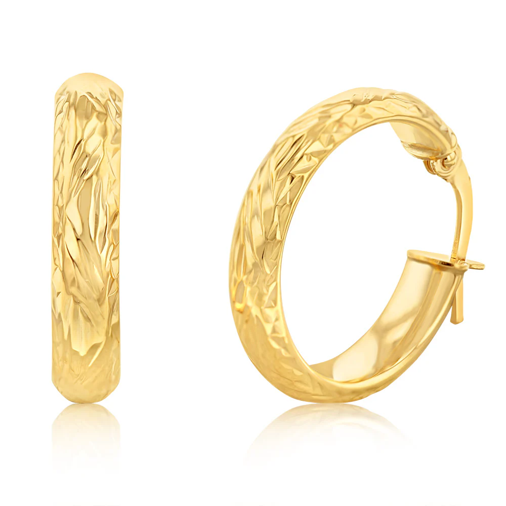 9ct Yellow Gold Patterned Tube 15mm Hoop Earrings