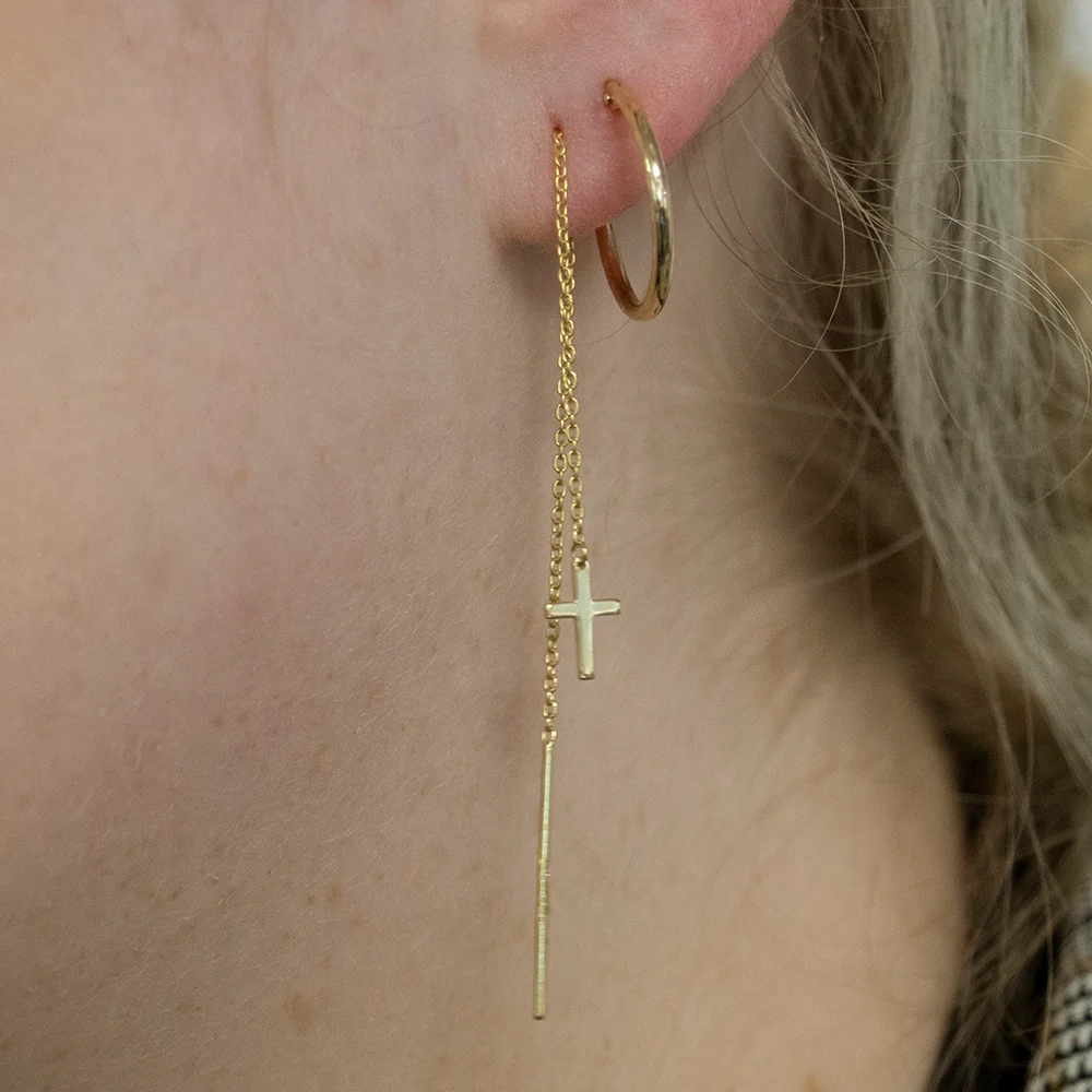 9ct Yellow Gold Silver-Filled Cross Threader Earrings - Image 2