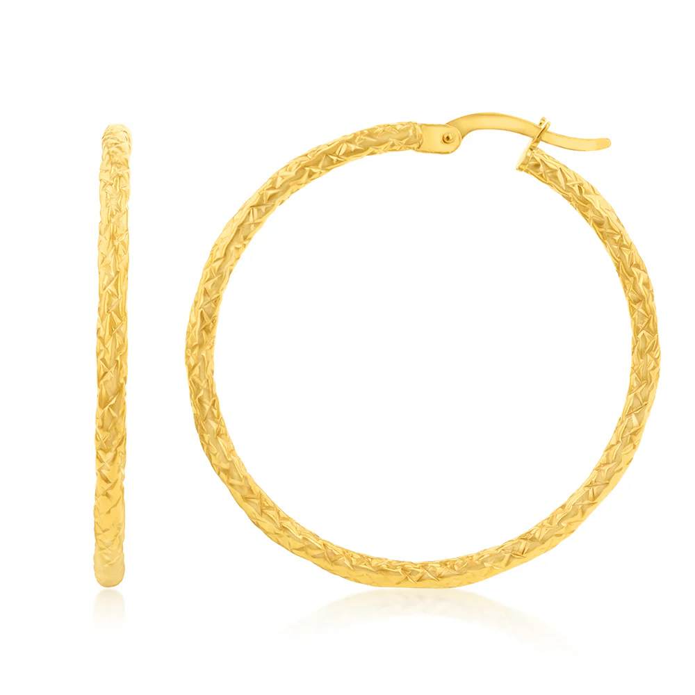 9ct Yellow Gold Silver Filled Diamond Cut 30mm Hoop Earrings