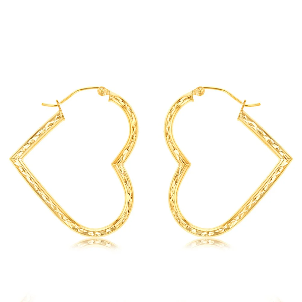 9ct Yellow Gold Silver Filled Diamond Cut Heart Hoop Earrings
