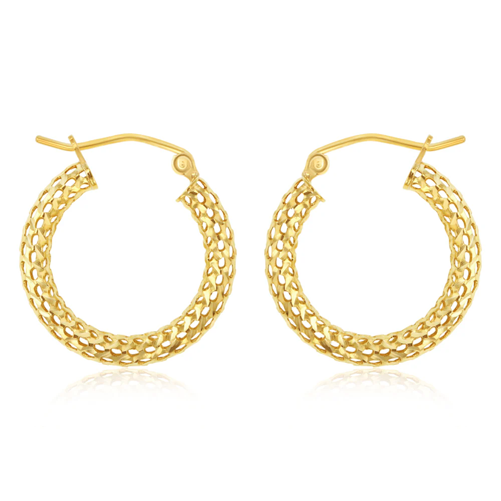 9ct Yellow Gold Silverfilled Mesh Diamond Cut 3 X 20mm Hoop Earrings