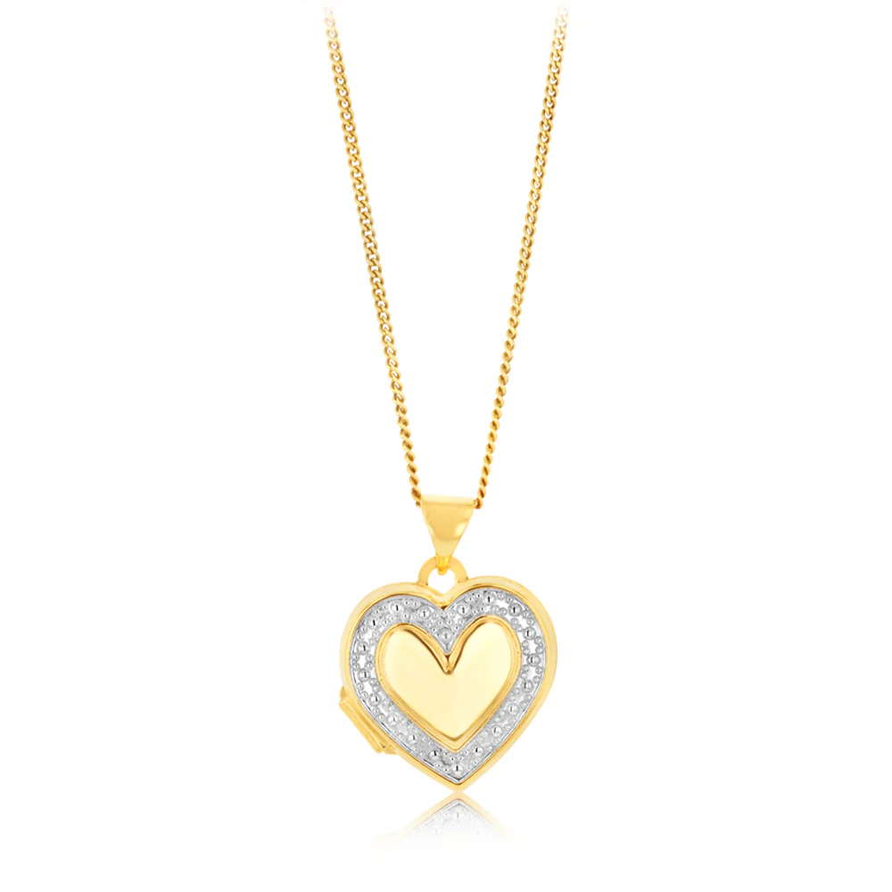 9ct Yellow Gold Silverfilled Patterned Heart Shaped Locket Pendant