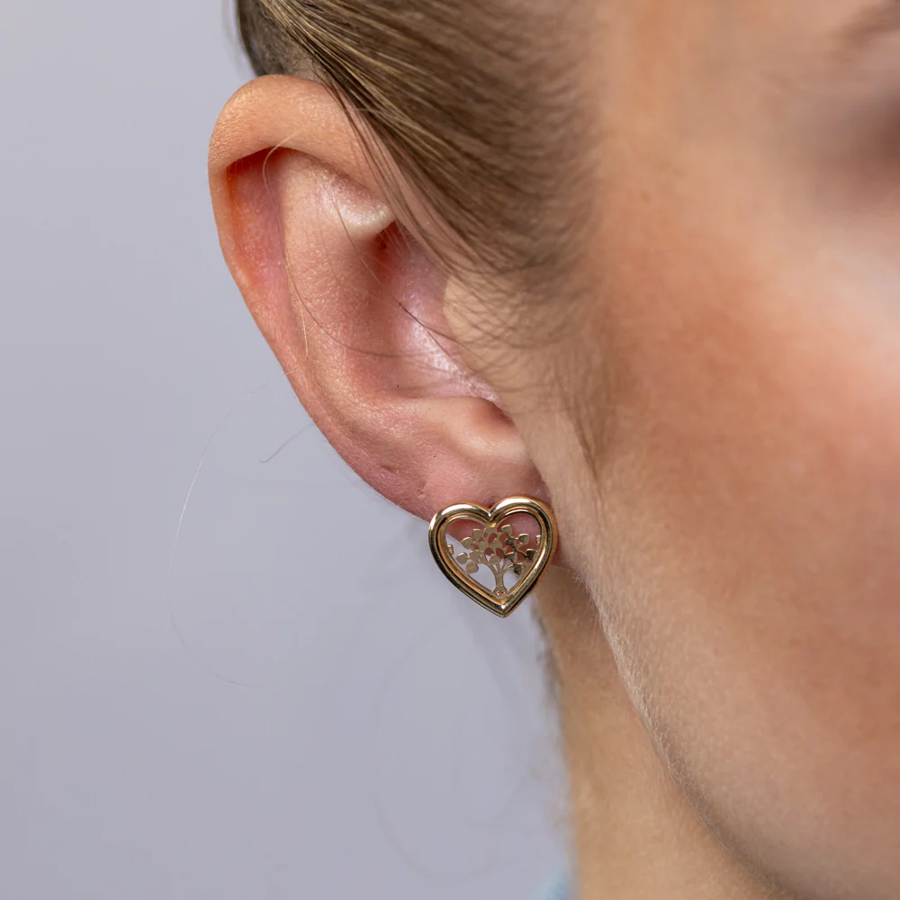 9ct Yellow Gold Tree of Life Heart-Shaped Stud Earrings - Image 2
