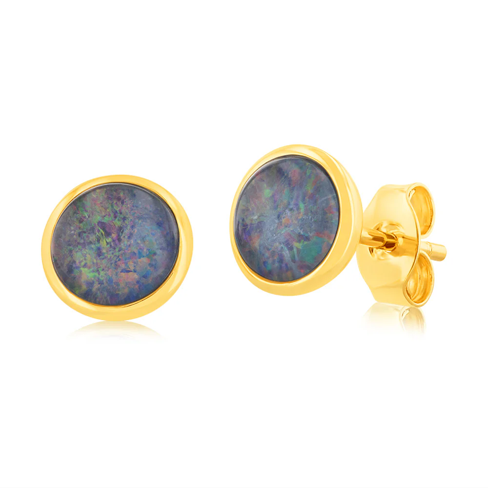 9ct Yellow Gold Triplet Opal Bezel Set Stud Earrings