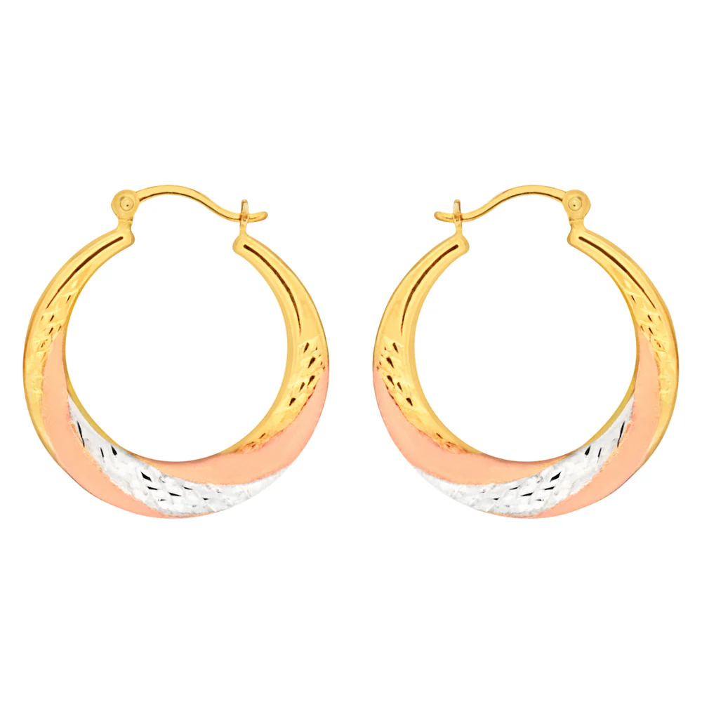 9ct Yellow Gold, White Gold & Rose Gold Swirl Creole Hoop Earrings