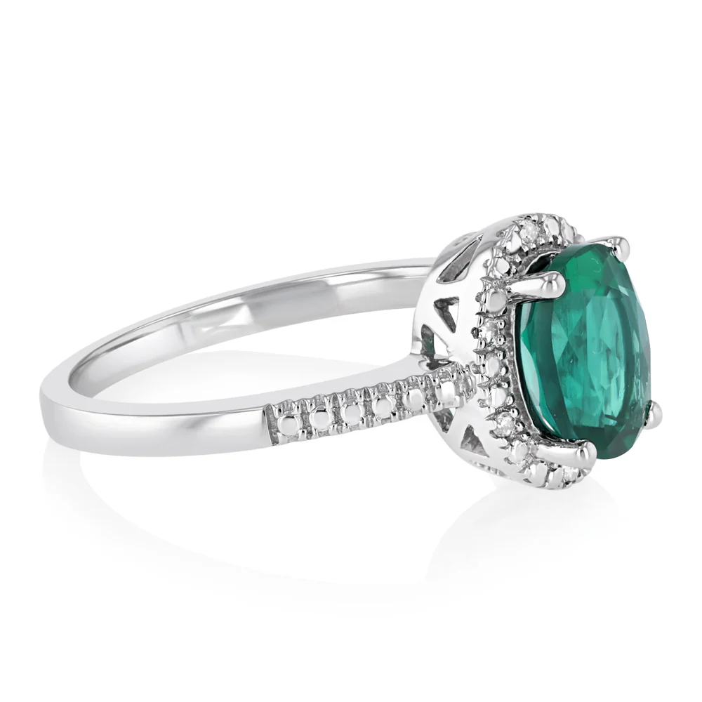 Created Emerald and Diamond Ring in Sterling Silver - Image 2