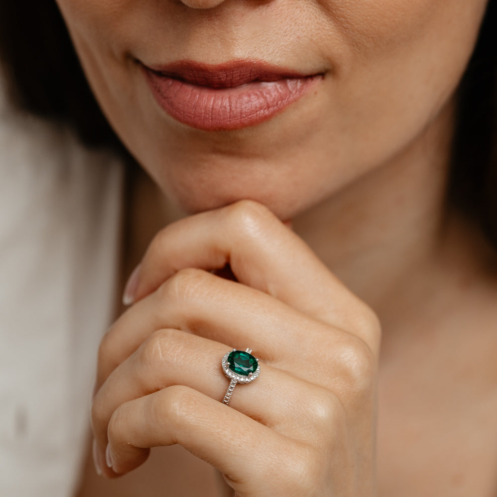 Created Emerald and Diamond Ring in Sterling Silver - Image 3
