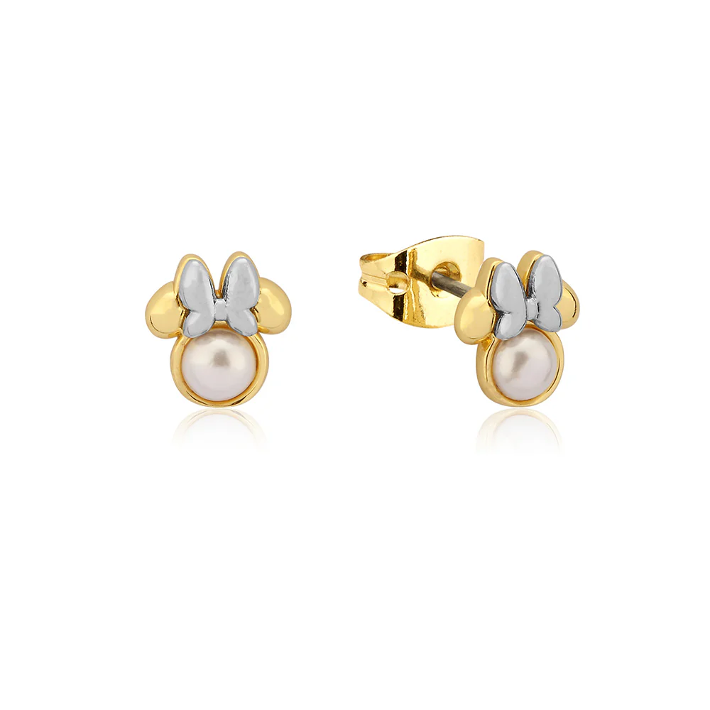 Disney Gold Plated Sterling Silver Minnie Mouse Pearl Stud Earrings