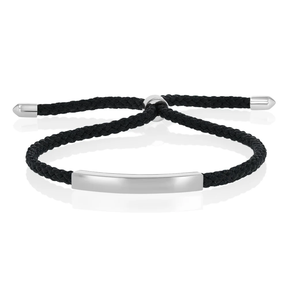 Engravable Rhodium ID Black Adjustable Chord Bracelet in Sterling Silver