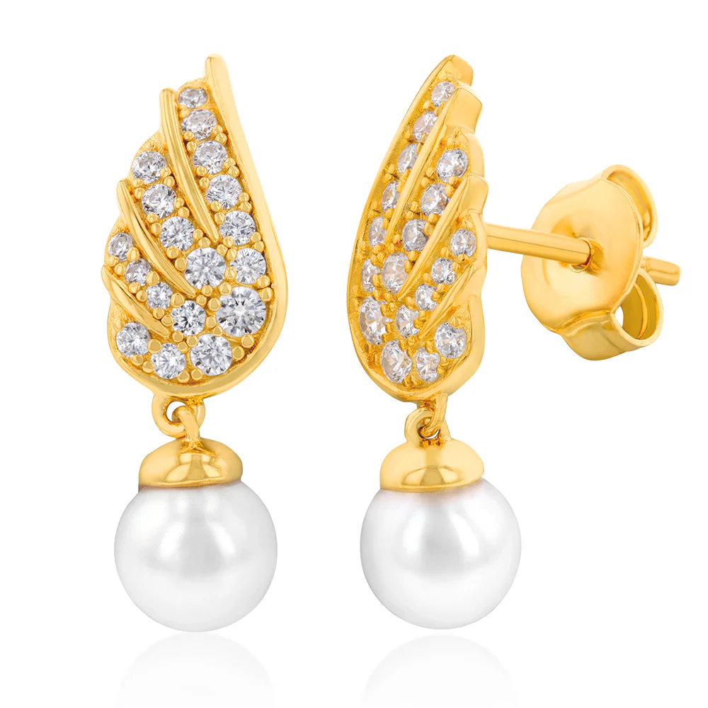Gold Plated Silver Freshwater Pearl & Cubic Zirconia On Wings Drop Earrings
