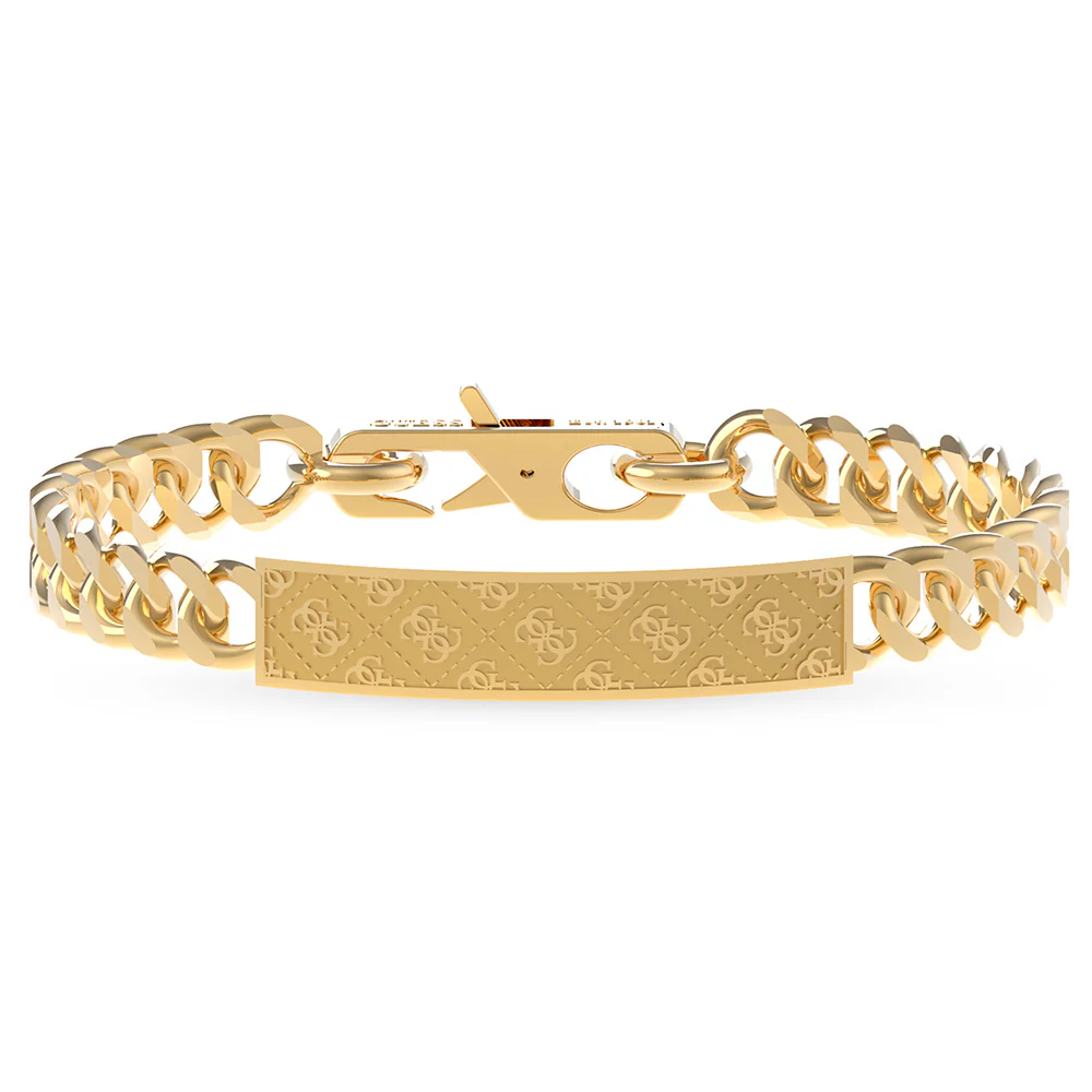 Guess Mens Jewellery Gold Plated 2 Diamond Cut 4G Tag Curb Chain Bracelet