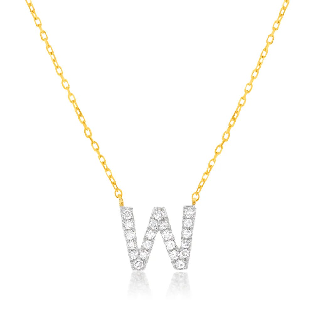 Luminesce Lab Diamond W Initial Pendant in 9ct Yellow Gold with Adjustable 45cm Chain