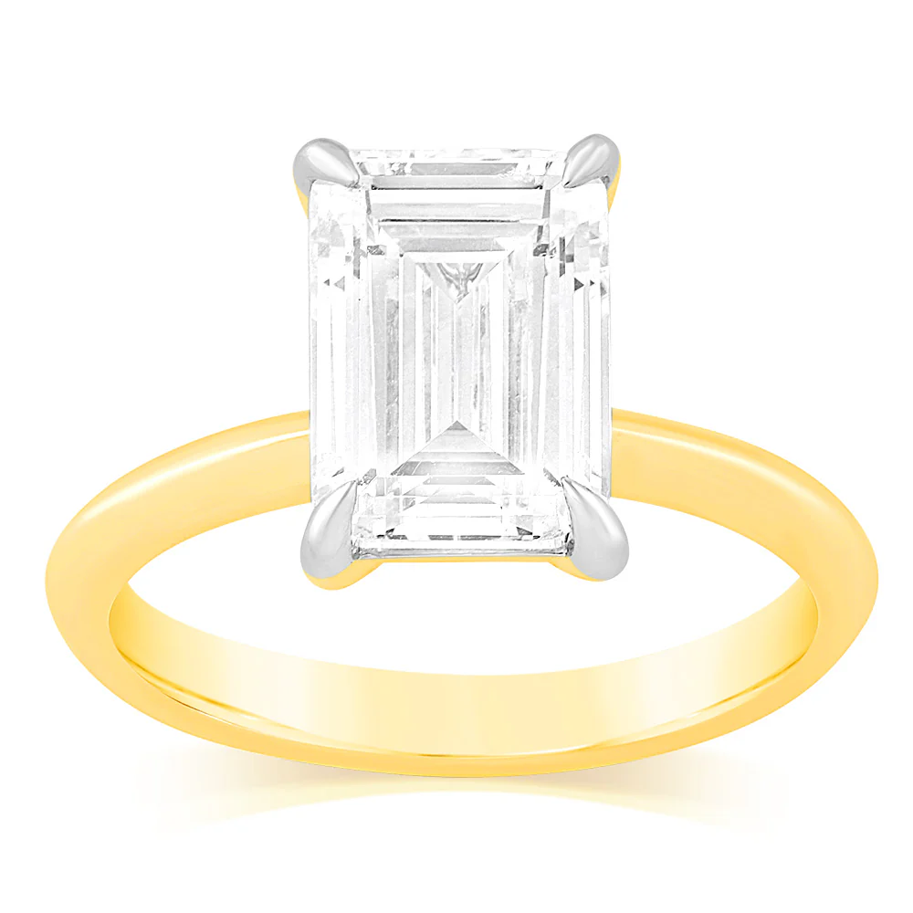 Luminesce Lab Grown 3 Carat Certified Diamond Emerald Solitaire Ring in 18ct Yellow Gold