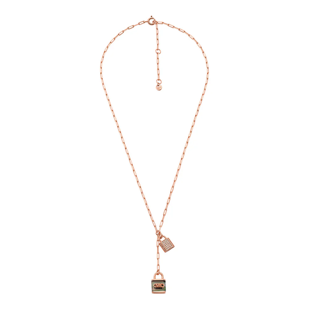 Michael Kors Rose Gold Plated Sterling Silver Pave And Grey Mother Of Pearl Locks Pendant On Paperclip Chain
