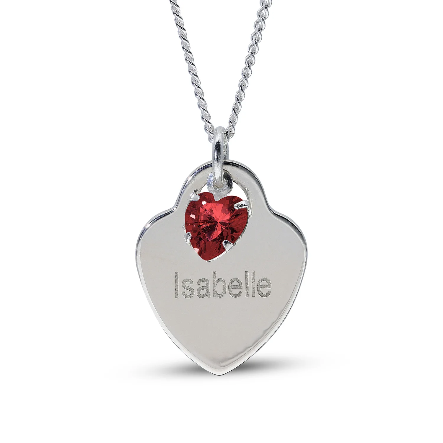 Personalised Engravable Heart Charm with Birthstone Necklace on 45cm Chain in Sterling Silver