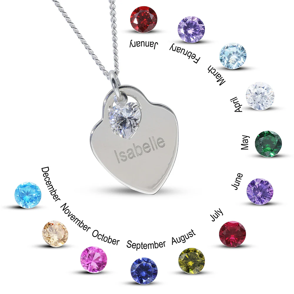 Personalised Engravable Heart Charm with Birthstone Necklace on 45cm Chain in Sterling Silver - Image 3