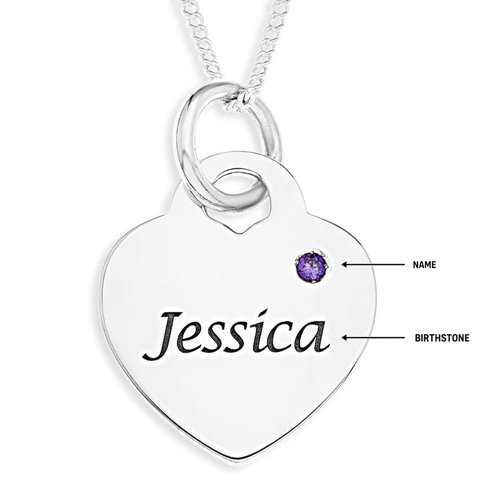 Personalised Engravable Heart Charm with Birthstone on 45cm Chain in Sterling Silver - Image 2