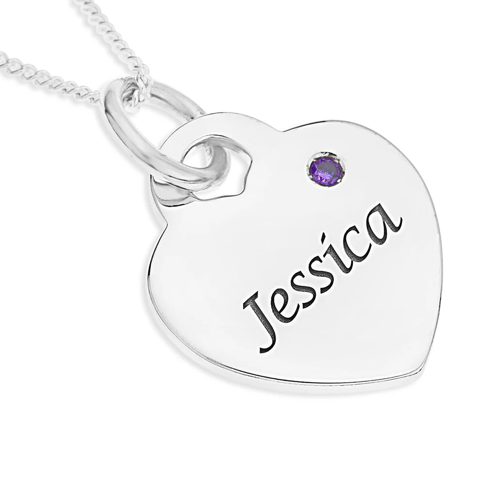 Personalised Engravable Heart Charm with Birthstone on 45cm Chain in Sterling Silver - Image 4