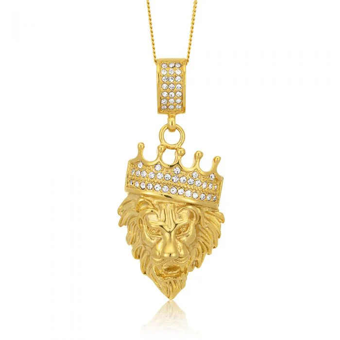 Stainless Steel and Gold Plated Crystal Lion Head with Crown Pendant