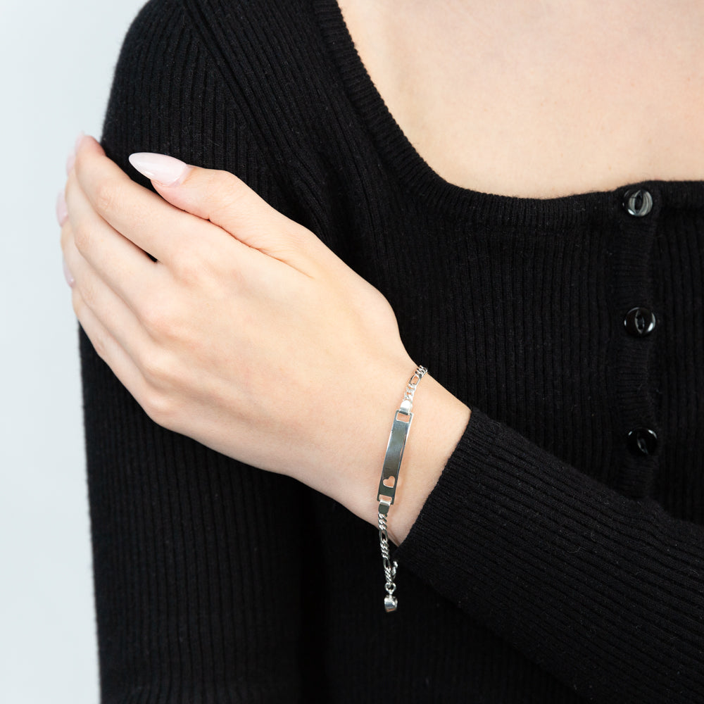 Sterling Silver 19cm Figaro 1-3 Open Heart ID Bracelet with Zirconia Heart Charm - Image 3