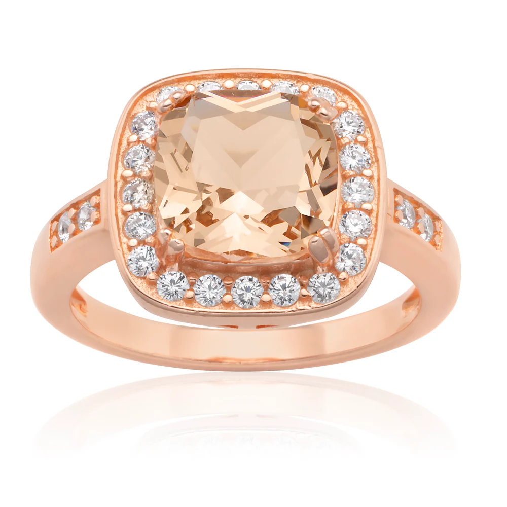 Sterling Silver and Rose Plated Crystal and Zirconia Cushion Cut Ring  *No Resize*