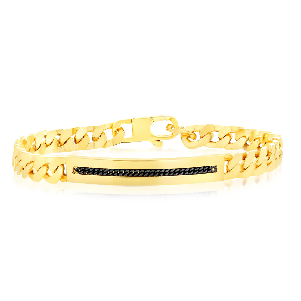 Sterling Silver Gold Plated Flat Curb Black Patterned ID Plate 20cm Bracelet