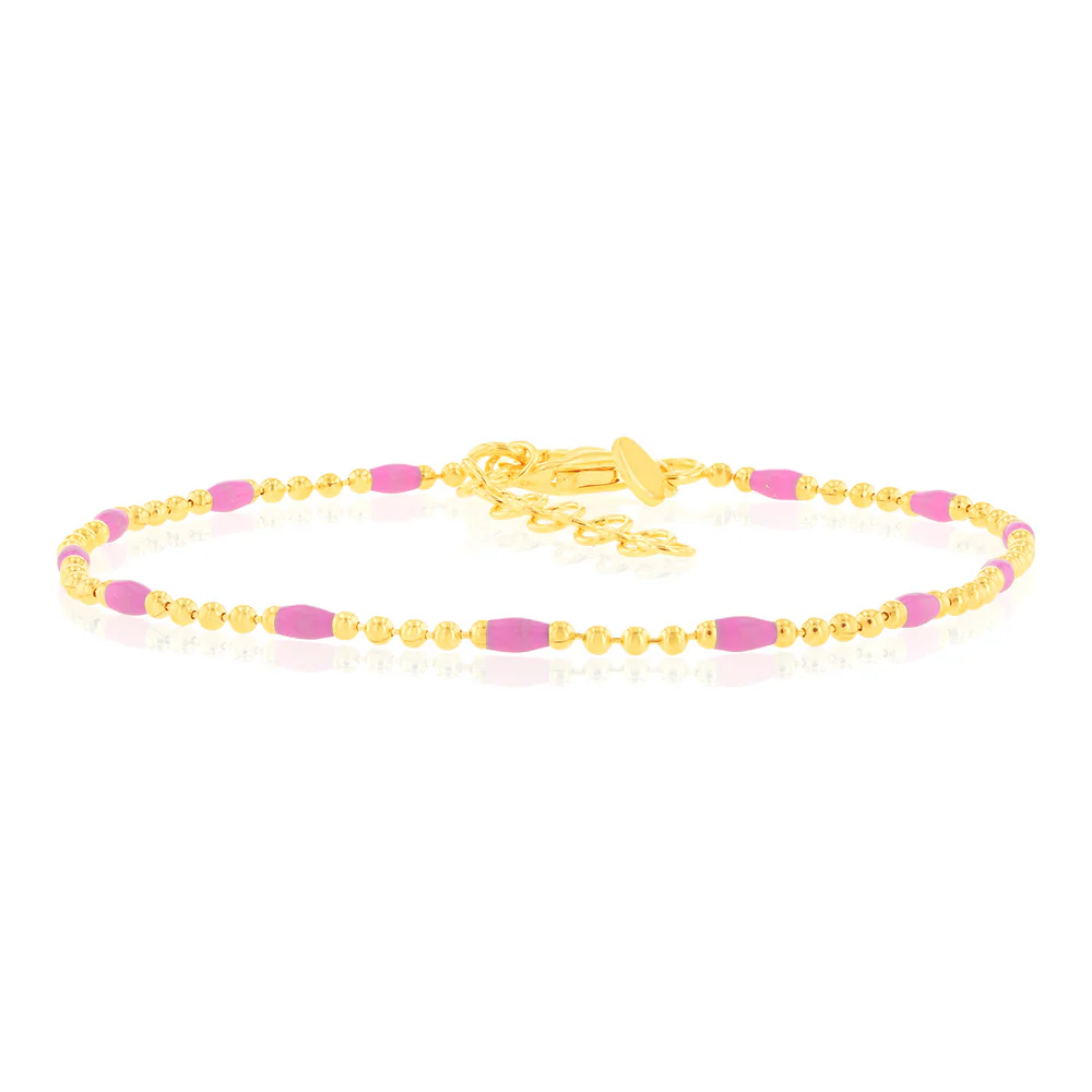Sterling Silver Gold Plated Pink Enamel Beads 19cm Bracelet