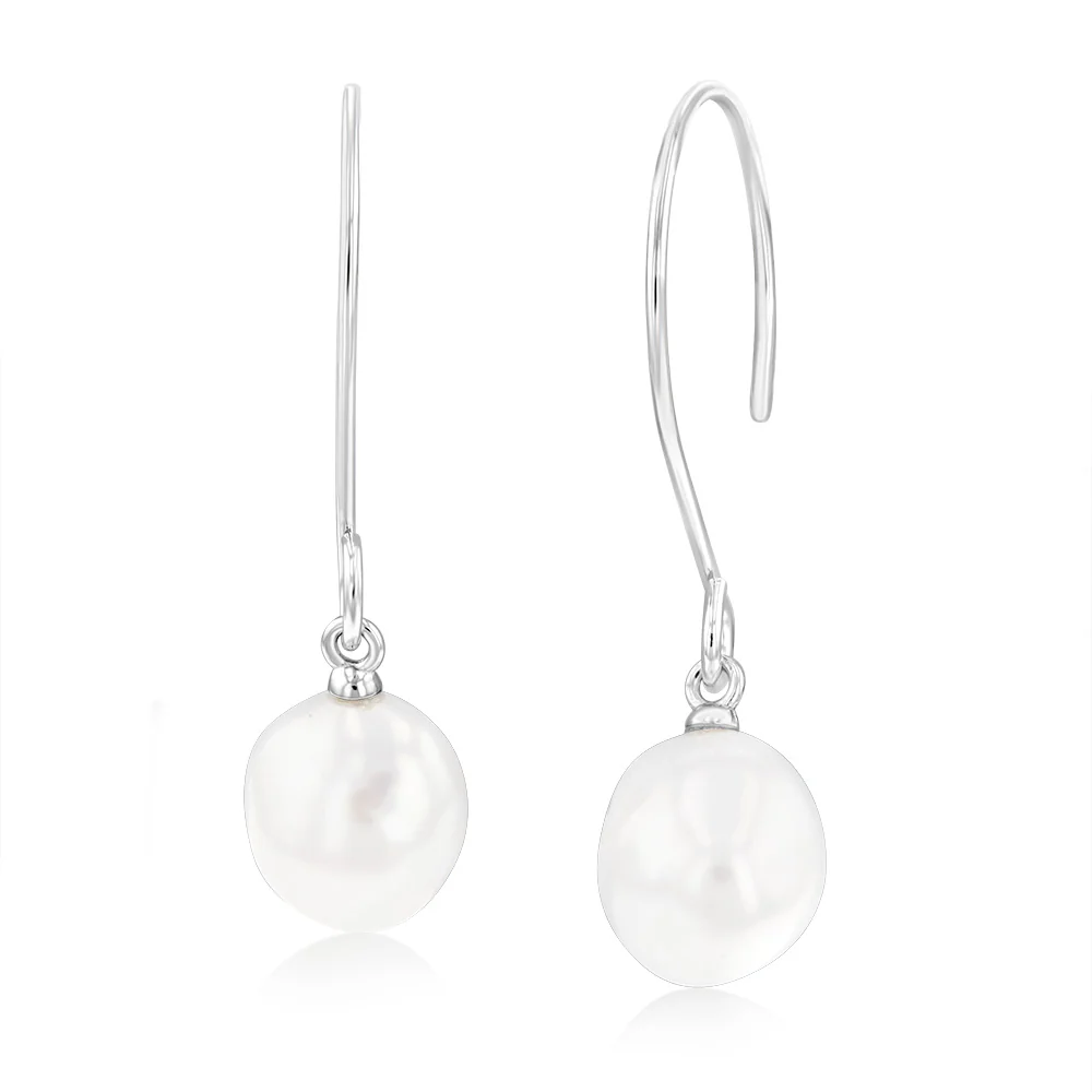 Sterling Silver Rhodium Plated 9-10mm Irregular Fresh Water Pearl Hook Earring