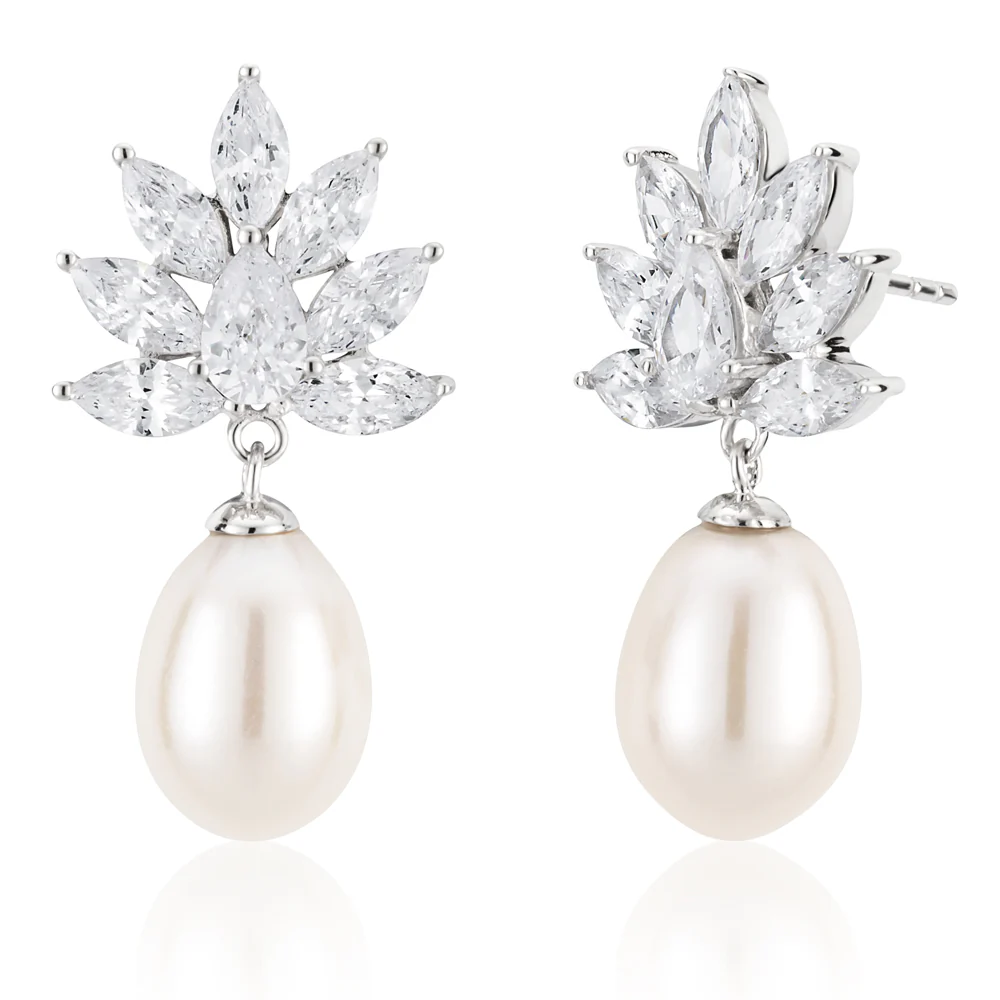 Sterling Silver Rhodium Plated Freshwater Pearl and Zirconia Earrings