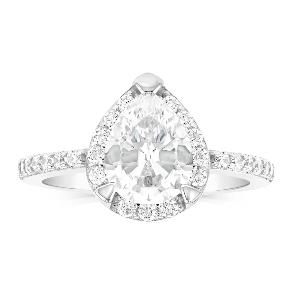 Sterling Silver Rhodium Plated Pear Shaped White Zirconia Ring