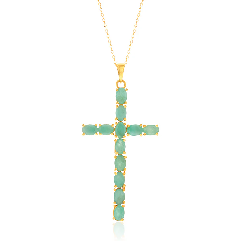 Sterling Silver Yellow Gold Plated 6.00ct Natural Emerald Cross Pendant
