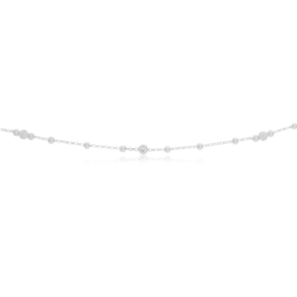 Sterling Silver Zirconia and Plain and Stardust Ball 26cm Anklet - Image 2