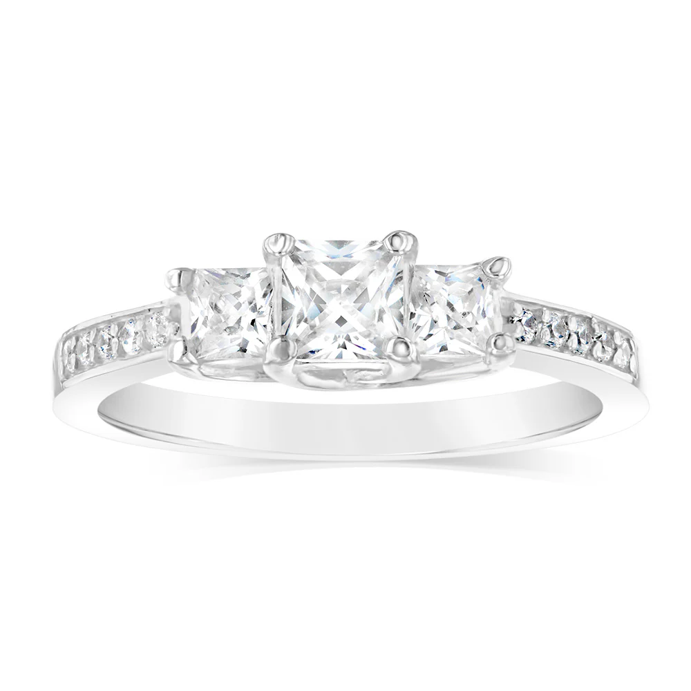 Sterling Silver Zirconia Princess Cut Trilogy Ring